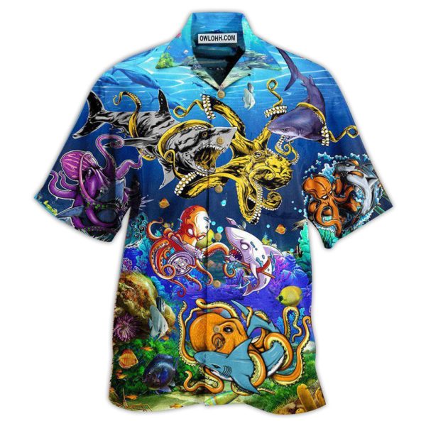 Ocean Shark Fighting Octopus Amazing - Hawaiian Shirt Jezsport.com