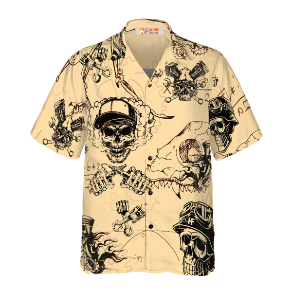 Skull On Retro Mechanism Background Hawaiian Shirt Jezsport.com