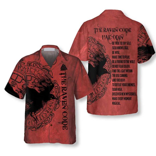 The Raven Code Hail Odin Hawaiian Shirt, Cool Red Viking Shirt Jezsport.com