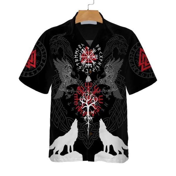 Viking Raven And Wolf Viking Hawaiian Shirt, Wolf Viking Shirt Short Sleeve Jezsport.com