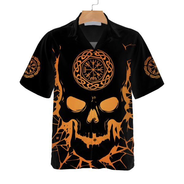 Cool Orange Pattern Black Viking Skull With Backbone Axe Hawaiian Shirt Jezsport.com