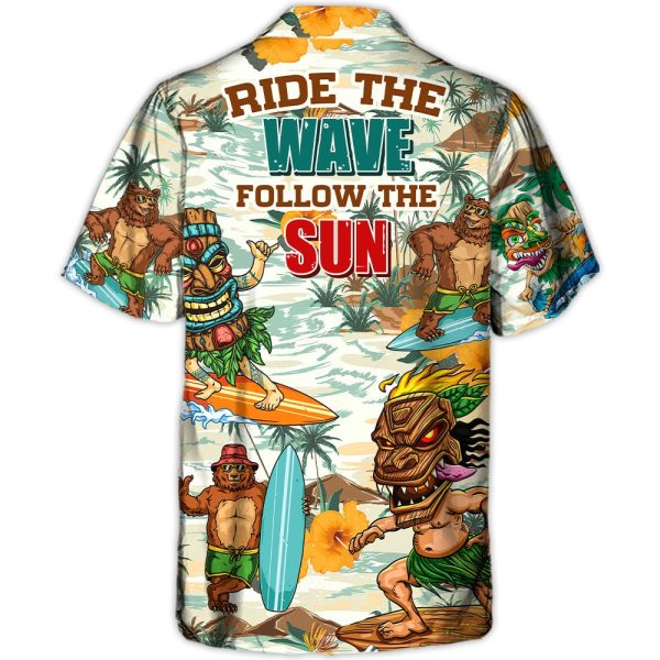 Surfing Funny Bear And Tiki Ride The Wave Follow The Sun Lovers Surfing - Hawaiian Shirt Jezsport.com