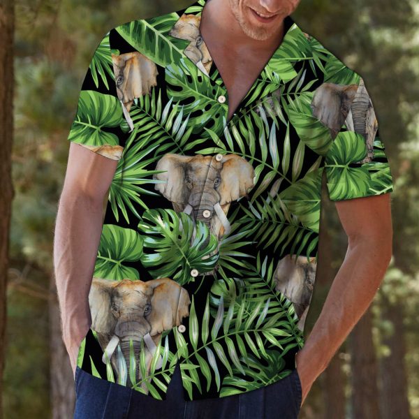 Elephant Green Tropical Leaves Hawaii Shirt Jezsport.com