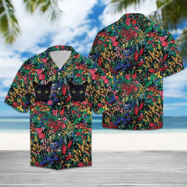 Black Cat Flowers G5702 - Hawaii Shirt Jezsport.com