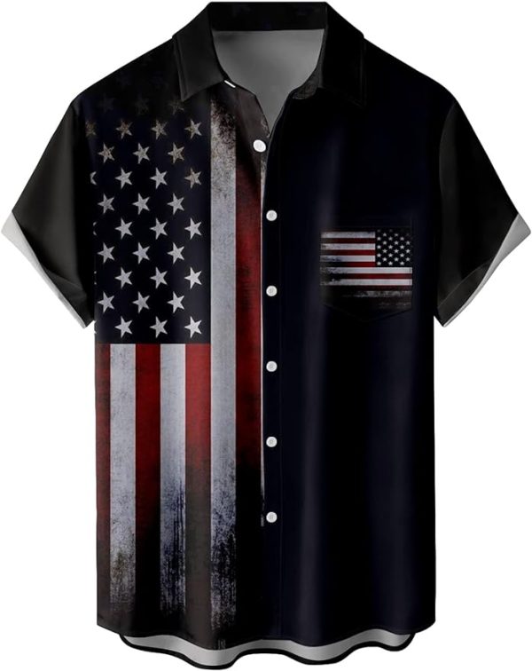 Tropical Shirts Button Down Holiday Casual Hawaiian Short Sleeve Men Loose Beach Shirts, Black-flag Jezsport.com