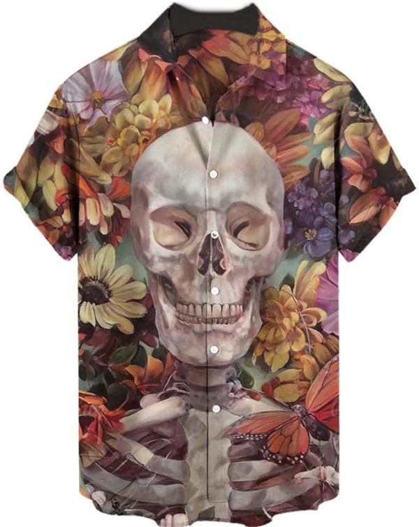 Halloween Shirt Men Fun Pumpkins Skull Short Sleeve Button Down Hawaiian Holiday Shirts Jezsport.com