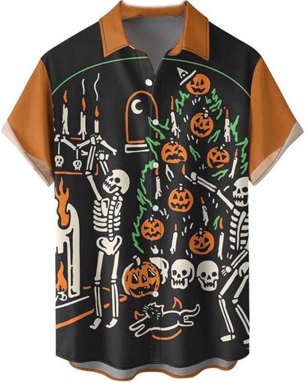 Halloween Shirt Men Fun Pumpkins Skull Short Sleeve Button Down Hawaiian Holiday Shirts Jezsport.com