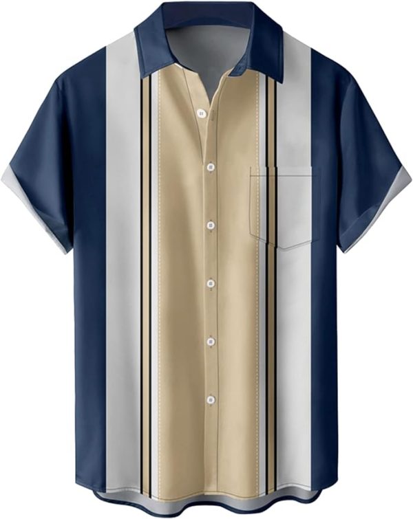 Tropical Shirts Button Down Holiday Casual Hawaiian Short Sleeve Men Loose Beach Shirts, Dark Blue-stripe Jezsport.com