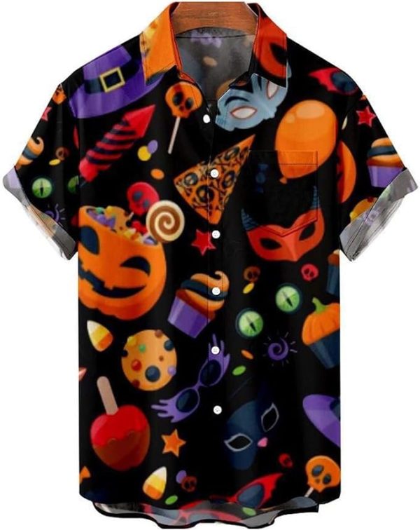 Halloween Shirt Men Fun Pumpkins Skull Short Sleeve Button Down Hawaiian Holiday Shirts Jezsport.com