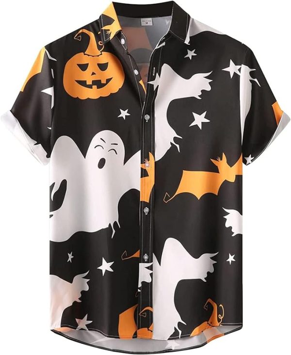 Halloween Shirt Men Fun Pumpkins Skull Short Sleeve Button Down Hawaiian Holiday Shirts Jezsport.com