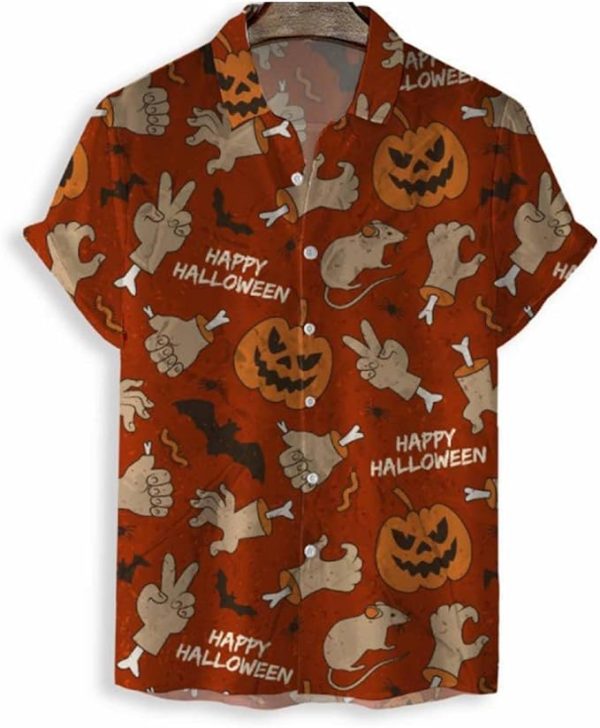 Halloween Shirt Men Fun Pumpkins Skull Short Sleeve Button Down Hawaiian Holiday Shirts Jezsport.com