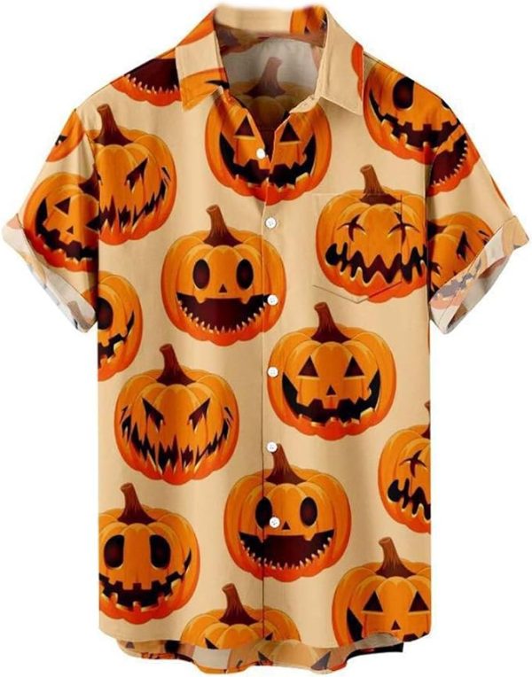 Halloween Shirt Men Fun Pumpkins Skull Short Sleeve Button Down Hawaiian Holiday Shirts Jezsport.com