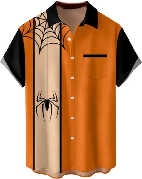 Halloween Shirt Men Fun Pumpkins Skull Short Sleeve Button Down Hawaiian Holiday Shirts Jezsport.com