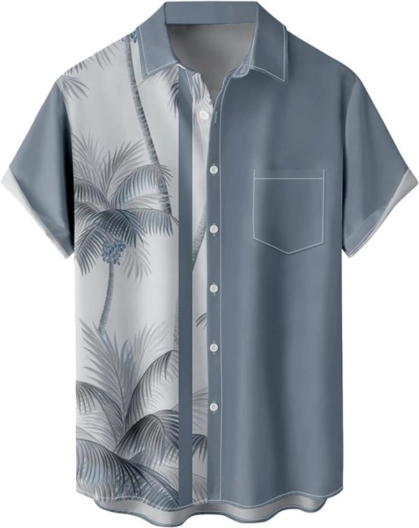 Tropical Shirts Button Down Holiday Casual Hawaiian Short Sleeve Men Loose Beach Shirts, Light Grey coconut Tree Jezsport.com