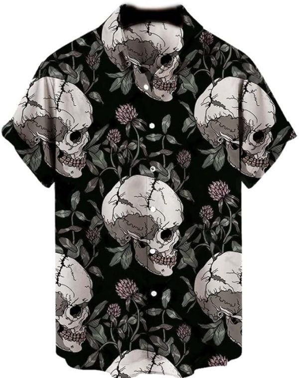 Halloween Shirt Men Fun Pumpkins Skull Short Sleeve Button Down Hawaiian Holiday Shirts Jezsport.com