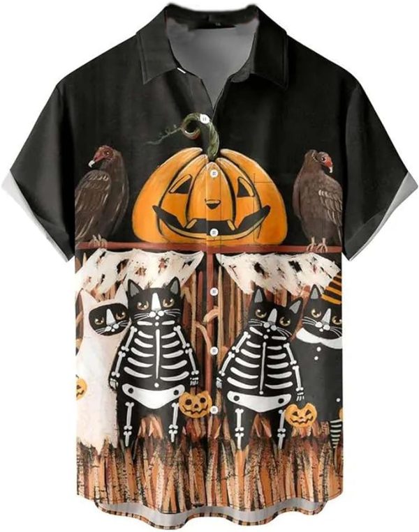 Halloween Shirt Men Fun Pumpkins Skull Short Sleeve Button Down Hawaiian Holiday Shirts Jezsport.com