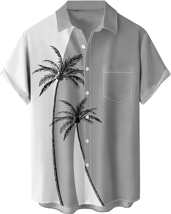 Tropical Shirts Button Down Holiday Casual Hawaiian Short Sleeve Men Loose Beach Shirts, Grey tree Jezsport.com