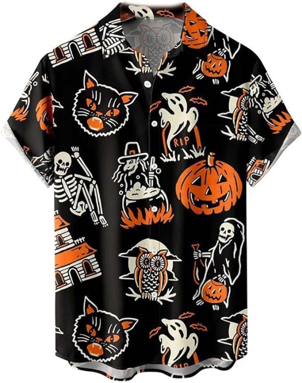 Halloween Shirt Men Fun Pumpkins Skull Short Sleeve Button Down Hawaiian Holiday Shirts Jezsport.com