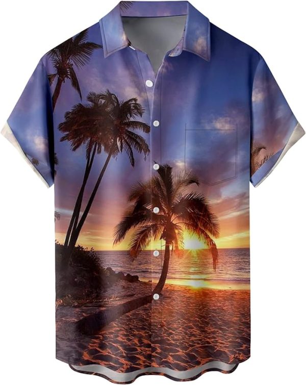 Tropical Shirts Button Down Holiday Casual Hawaiian Short Sleeve Men Loose Beach Shirts, Blue-sun Rise Jezsport.com