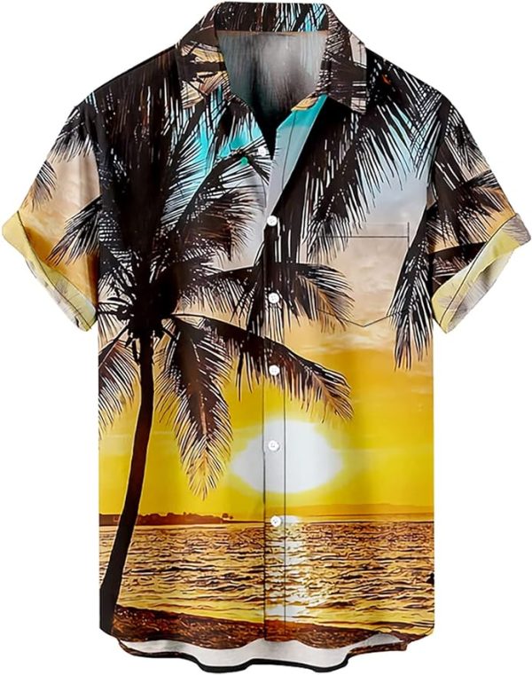 Tropical Shirts Button Down Holiday Casual Hawaiian Short Sleeve Men Loose Beach Shirts, Yellow sun Jezsport.com