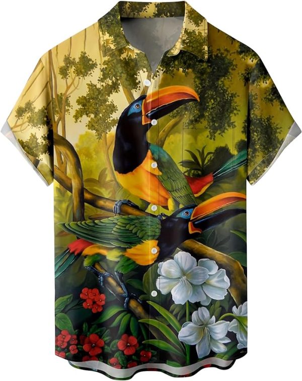 Tropical Shirts Button Down Holiday Casual Hawaiian Short Sleeve Men Loose Beach Shirts, Yellow flower Bird Jezsport.com