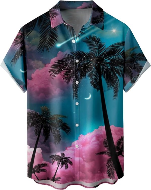 Tropical Shirts Button Down Holiday Casual Hawaiian Short Sleeve Men Loose Beach Shirts, Dark Green Night Sky Jezsport.com