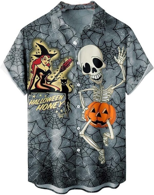 Halloween Shirt Men Fun Pumpkins Skull Short Sleeve Button Down Hawaiian Holiday Shirts Jezsport.com