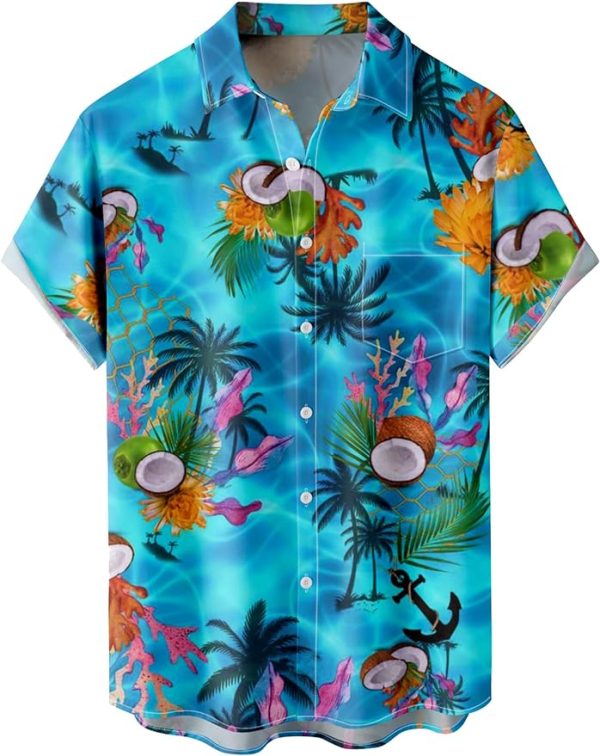 Tropical Shirts Button Down Holiday Casual Hawaiian Short Sleeve Men Loose Beach Shirts, Blue Sea Jezsport.com