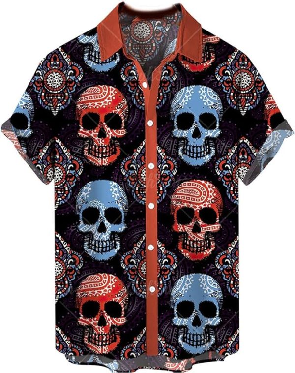 Halloween Shirt Men Fun Pumpkins Skull Short Sleeve Button Down Hawaiian Holiday Shirts Jezsport.com