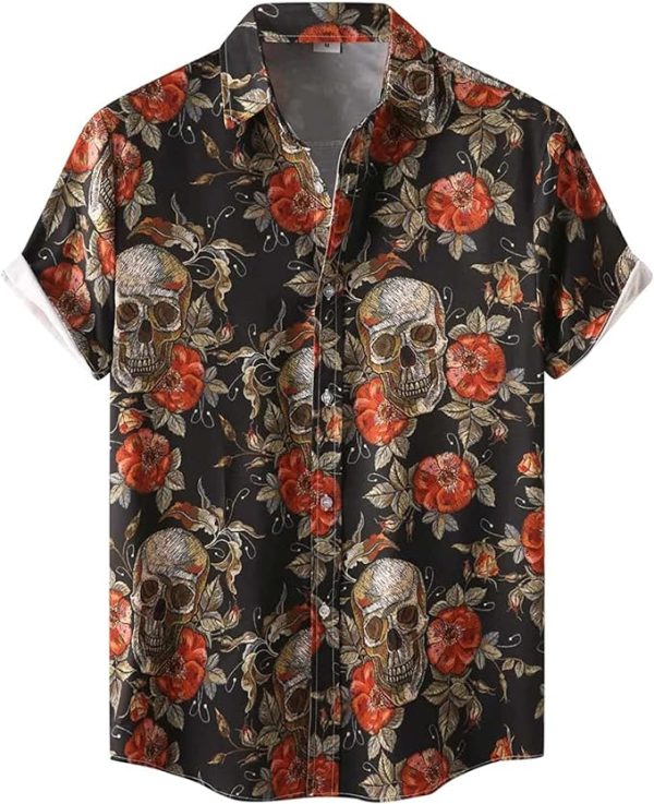 Halloween Shirt Men Fun Pumpkins Skull Short Sleeve Button Down Hawaiian Holiday Shirts Jezsport.com