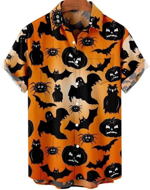 Halloween Shirt Men Fun Pumpkins Skull Short Sleeve Button Down Hawaiian Holiday Shirts Jezsport.com