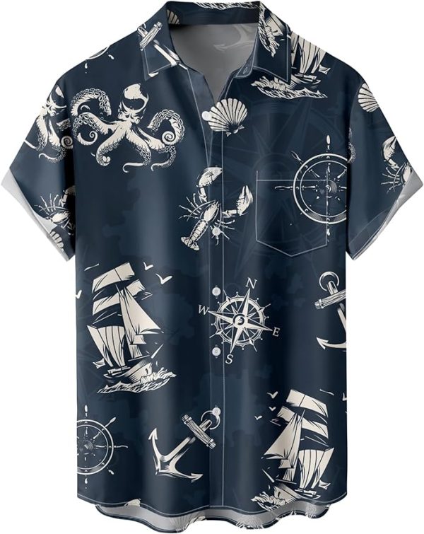 Tropical Shirts Button Down Holiday Casual Hawaiian Short Sleeve Men Loose Beach Shirts, Dark Blue Sailboat Jezsport.com