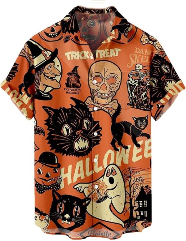 Halloween Shirt Men Fun Pumpkins Skull Short Sleeve Button Down Hawaiian Holiday Shirts Jezsport.com