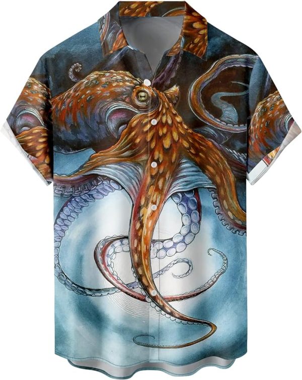 Tropical Shirts Button Down Holiday Casual Hawaiian Short Sleeve Men Loose Beach Shirts, Blue octopus Jezsport.com