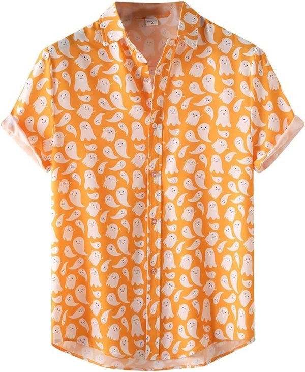 Halloween Shirt Men Fun Pumpkins Skull Short Sleeve Button Down Hawaiian Holiday Shirts Jezsport.com