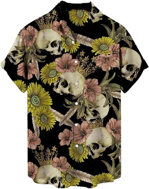 Halloween Shirt Men Fun Pumpkins Skull Short Sleeve Button Down Hawaiian Holiday Shirts Jezsport.com