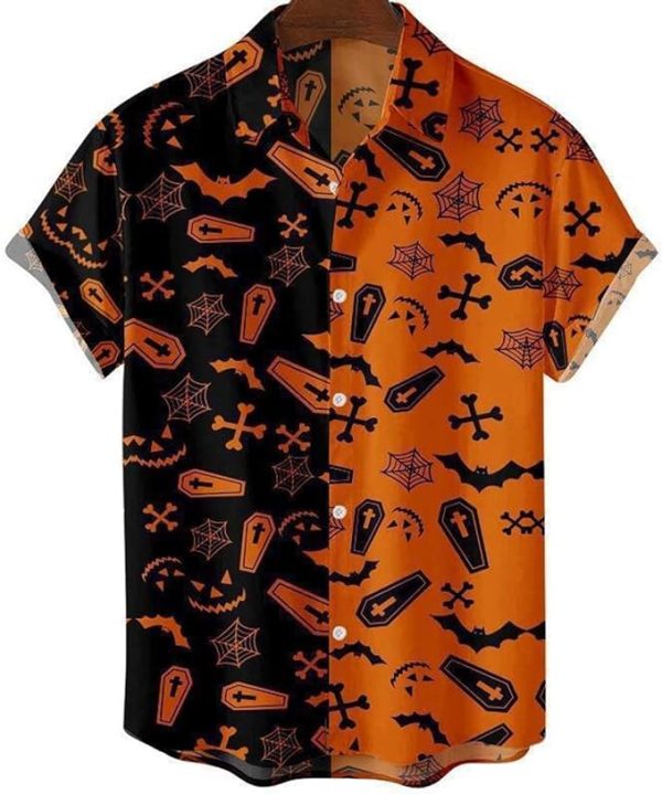 Halloween Shirt Men Fun Pumpkins Skull Short Sleeve Button Down Hawaiian Holiday Shirts Jezsport.com