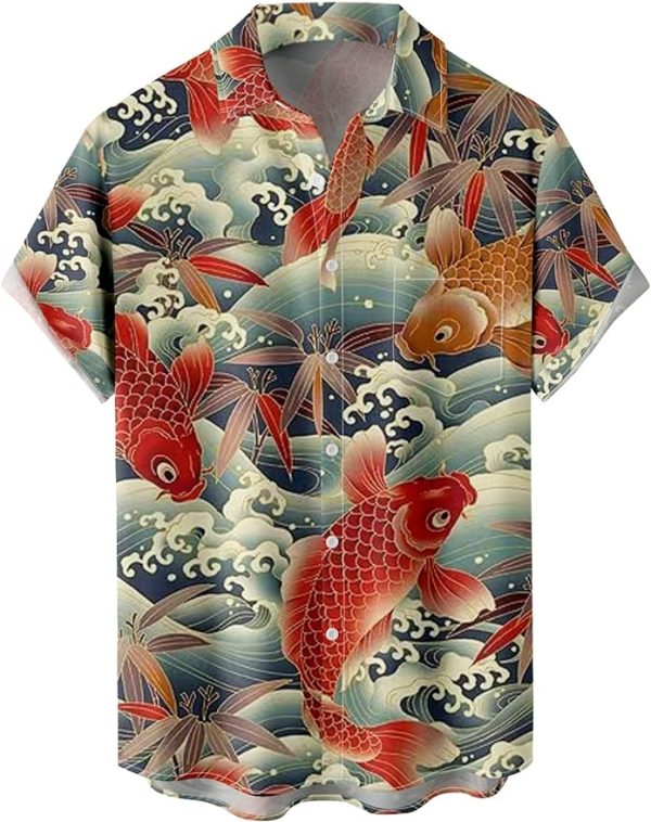 Tropical Shirts Button Down Holiday Casual Hawaiian Short Sleeve Men Loose Beach Shirts, Red fish Jezsport.com