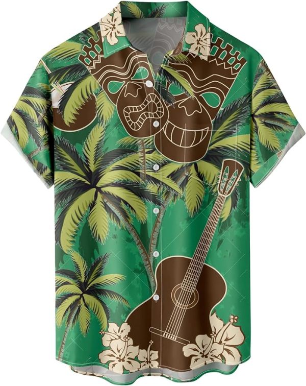 Tropical Shirts Button Down Holiday Casual Hawaiian Short Sleeve Men Loose Beach Shirts, Green Coconut Tree Music Jezsport.com