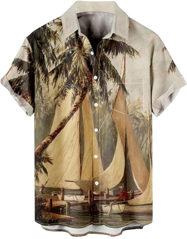 Tropical Shirts Button Down Holiday Casual Hawaiian Short Sleeve Men Loose Beach Shirts, Multicolored sailing Jezsport.com