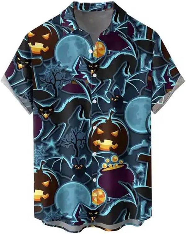 Halloween Shirt Men Fun Pumpkins Skull Short Sleeve Button Down Hawaiian Holiday Shirts Jezsport.com