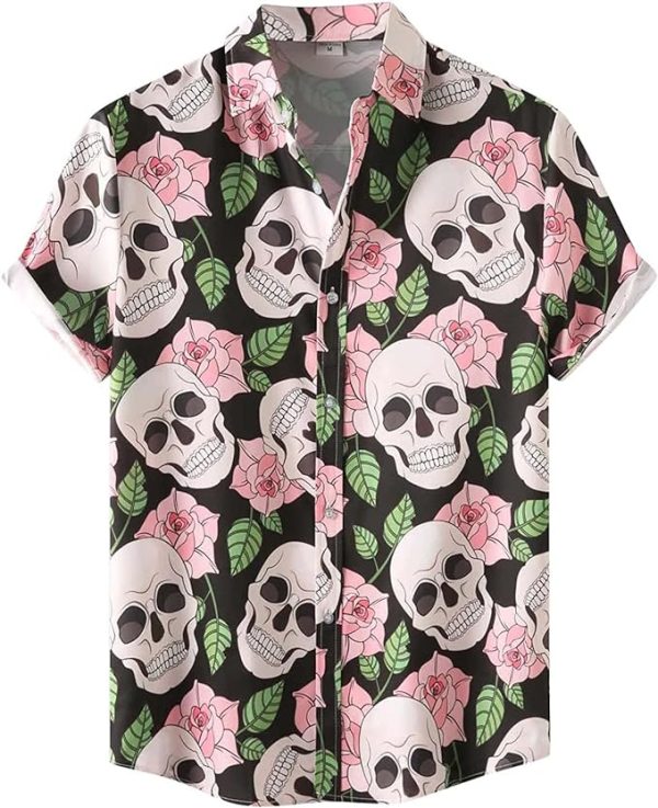 Halloween Shirt Men Fun Pumpkins Skull Short Sleeve Button Down Hawaiian Holiday Shirts Jezsport.com