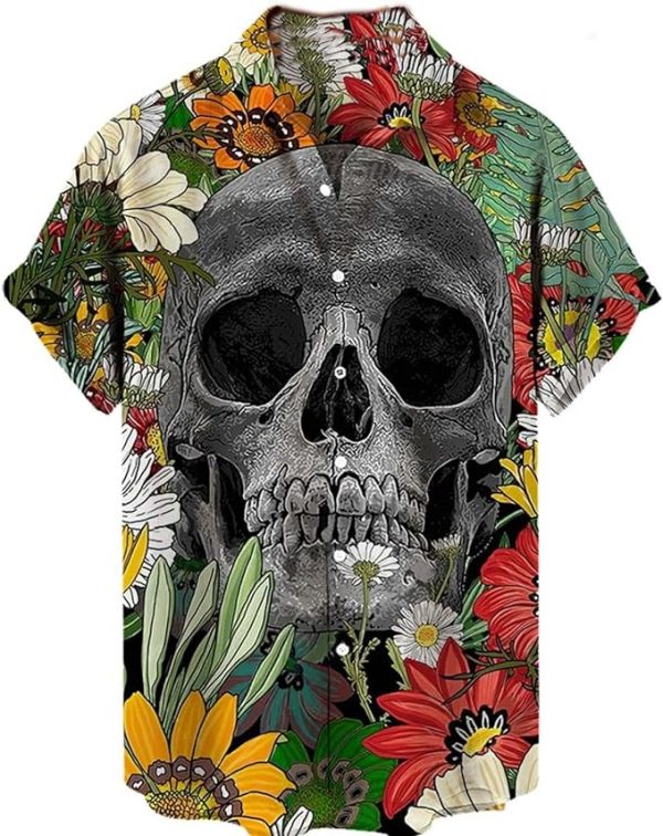 Halloween Shirt Men Fun Pumpkins Skull Short Sleeve Button Down Hawaiian Holiday Shirts Jezsport.com