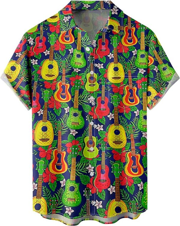 Tropical Shirts Button Down Holiday Casual Hawaiian Short Sleeve Men Loose Beach Shirts, Mixed Color Music Jezsport.com