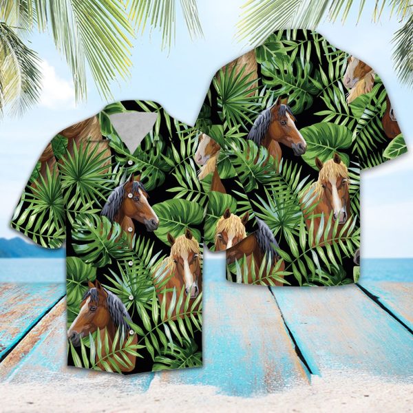 Horse Green Tropical Leaves Hawaii Shirt Jezsport.com