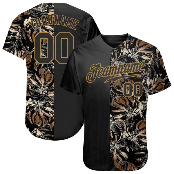 Custom Black Jersey, Personalized Black Baseball Jersey, Custom Pattern Golden Tropical Leaves In The Style Of Jungalow Authentic Baseball Jersey Jezsport.com