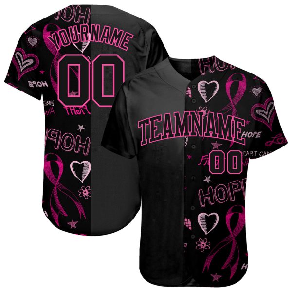 Custom Black Jersey, Personalized Black Baseball Jersey, Custom 3D Pink Ribbon Breast Cancer Awareness Month Baseball Jersey Jezsport.com