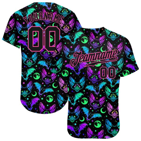 Custom Black Jersey, Personalized Black Baseball Jersey, Custom Pattern Bright Multicolored Halloween Bats Authentic Baseball Jersey Jezsport.com