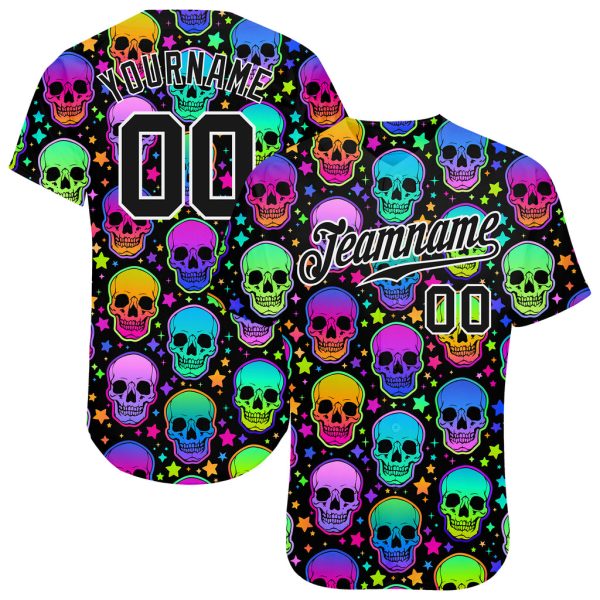 Custom Black Jersey, Personalized Black Baseball Jersey, Custom Pattern Bright Multicolored Halloween Skulls Authentic Baseball Jersey Jezsport.com