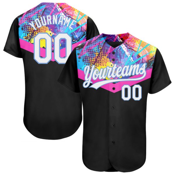 Custom Black Jersey, Personalized Black Baseball Jersey, Custom Black White-Light Blue 3D Pattern Design Authentic Baseball Jersey Jezsport.com